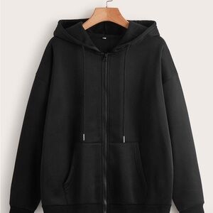 Solid Color Zip-Up Drawstring Warm Lining Hoodie, Long Sleeve Top